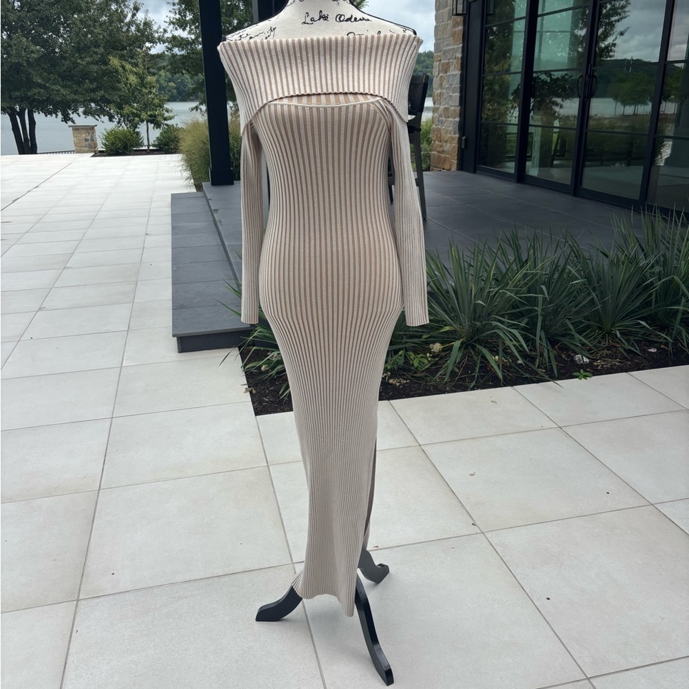 Anthropologie Off-Shoulder Ribbed Knit Maxi Dress XS Beige Tan S